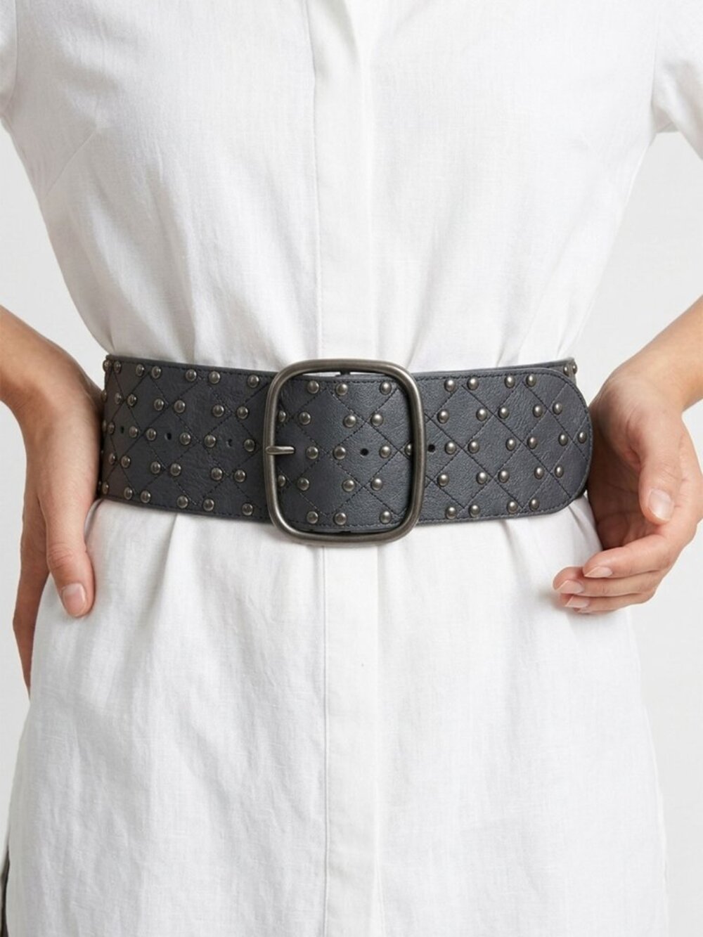 Studded Wide Faux Leather Belt Navy Steel Blue Quilted Vegan Retro Silver Buckle
